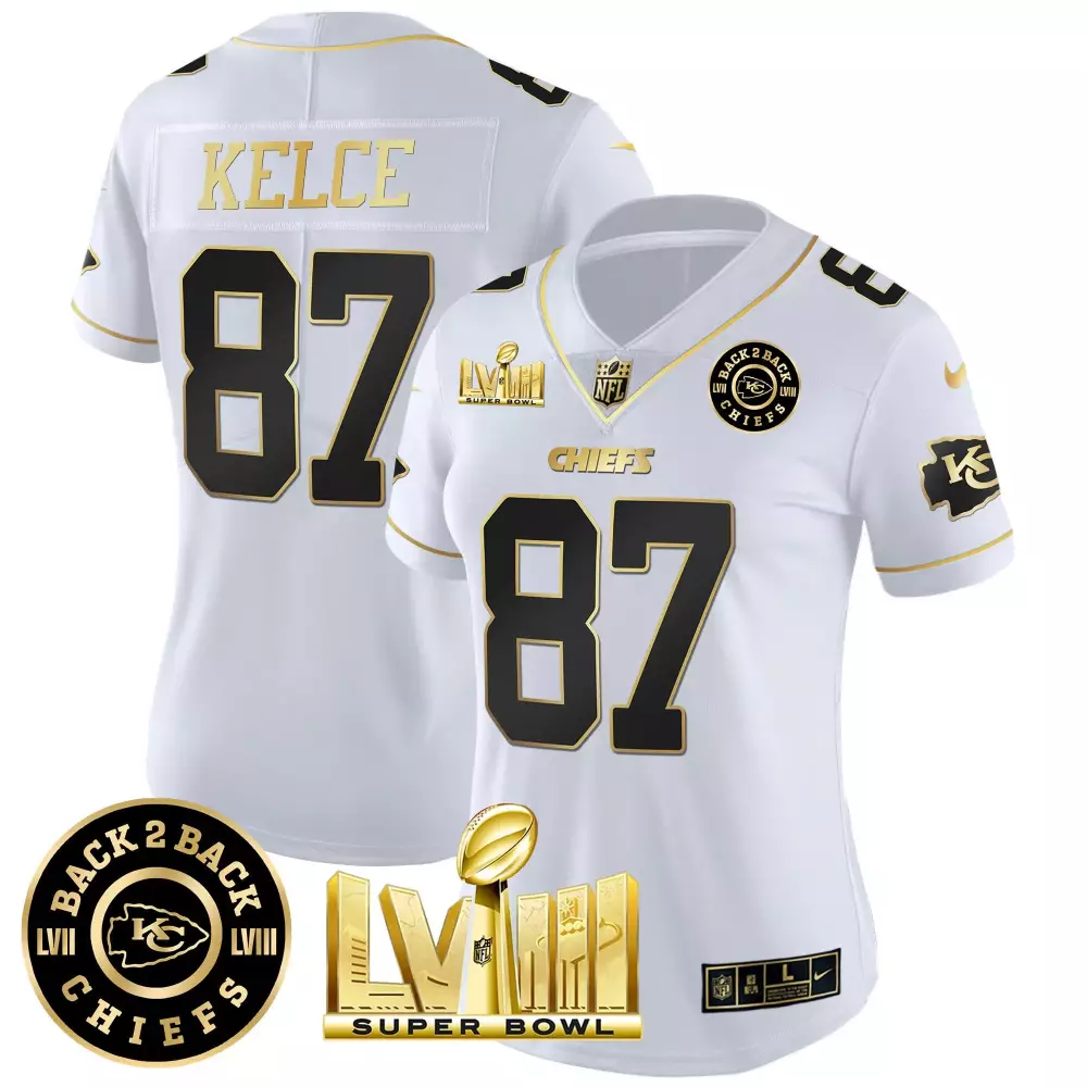 travis kelce white gold womens kansas city chiefs 2024 afc west division champions patch gold vapor limited jersey all s