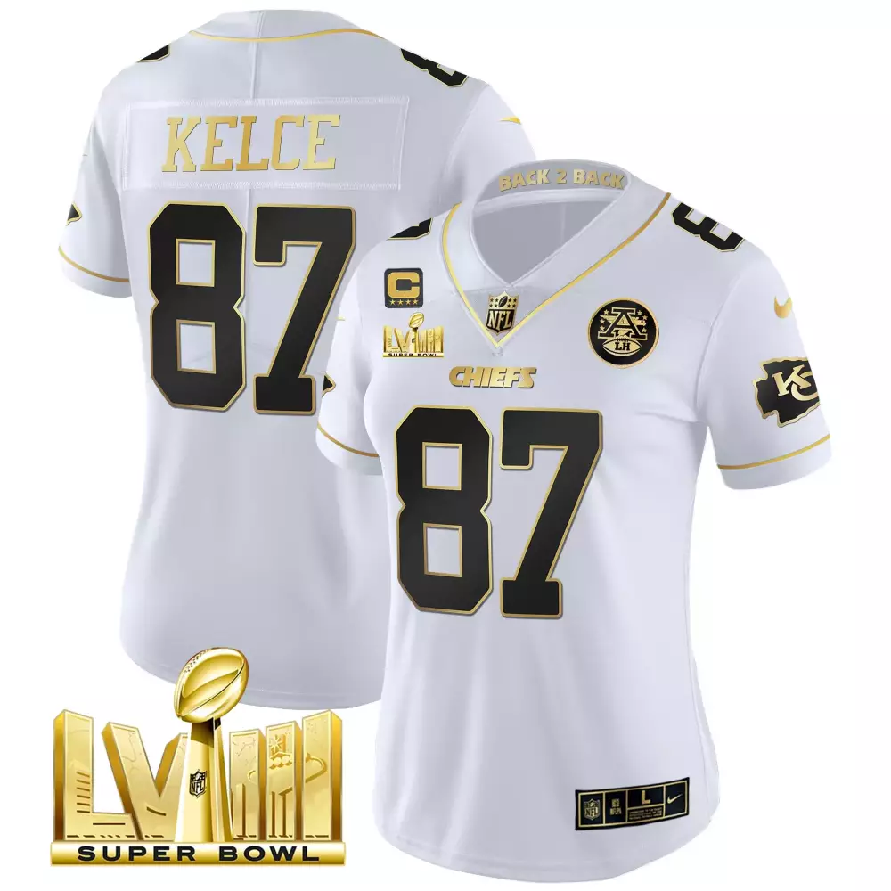 travis kelce white gold womens kansas city chiefs super bowl lviii back 2 back patch vapor jersey v5 all stitched