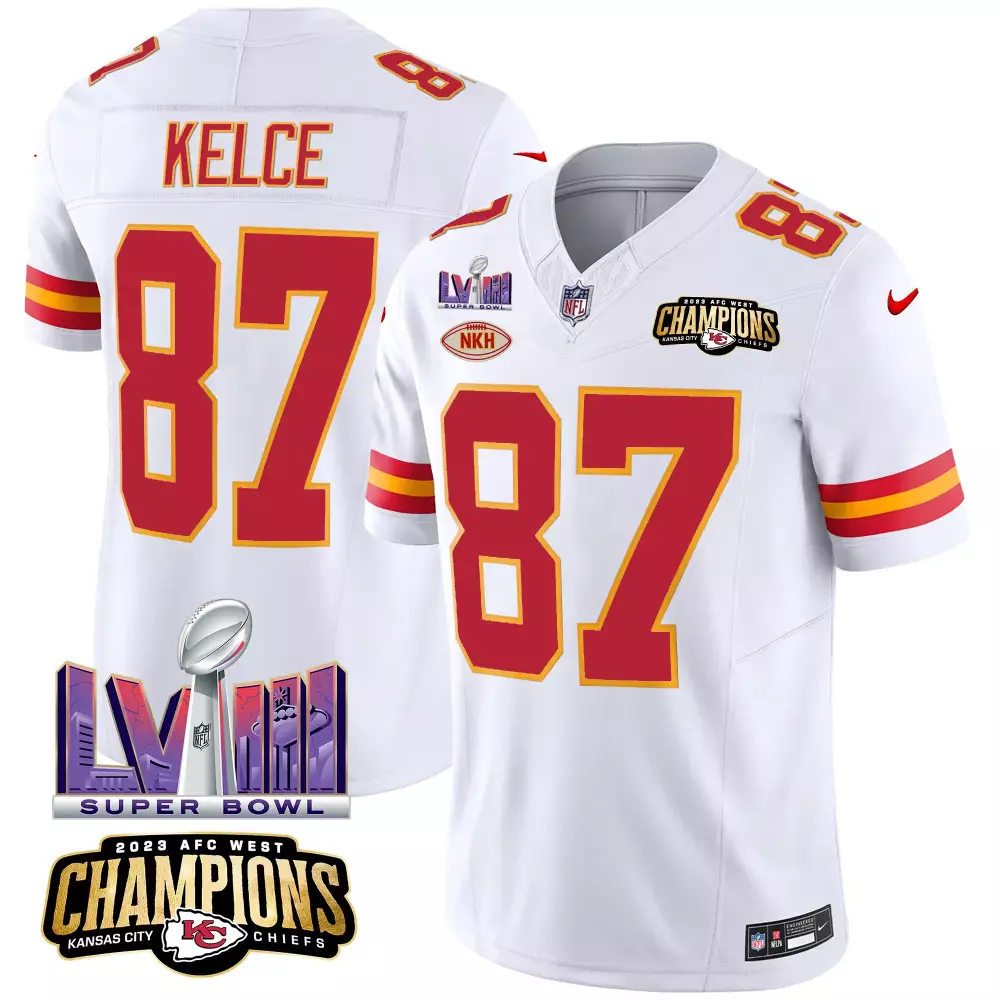 travis kelce white mens kansas city chiefs afc west champions super bowl lviii patch vapor jersey all stitched