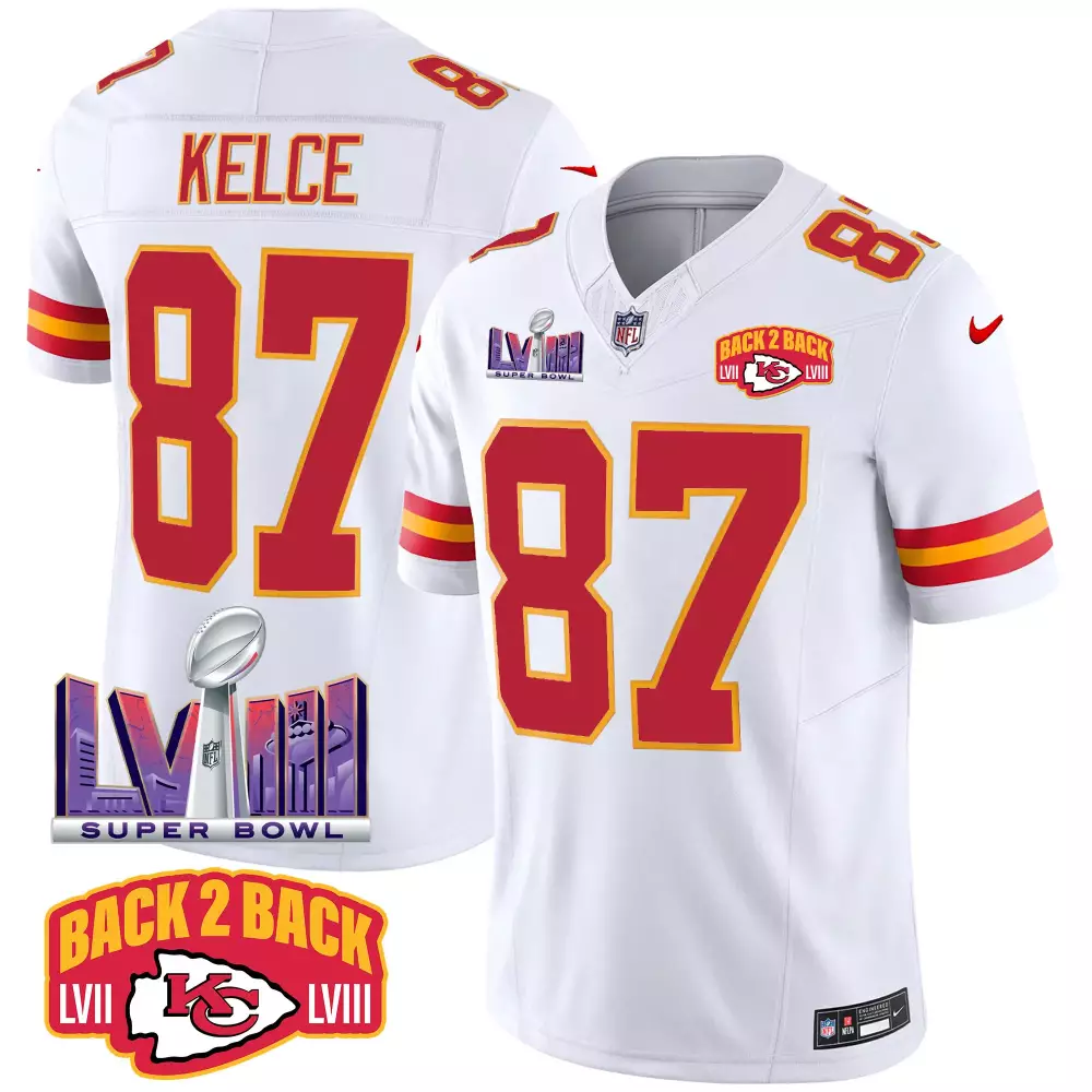 travis kelce white mens kansas city chiefs super bowl lviii back 2 back patch vapor jersey all stitched