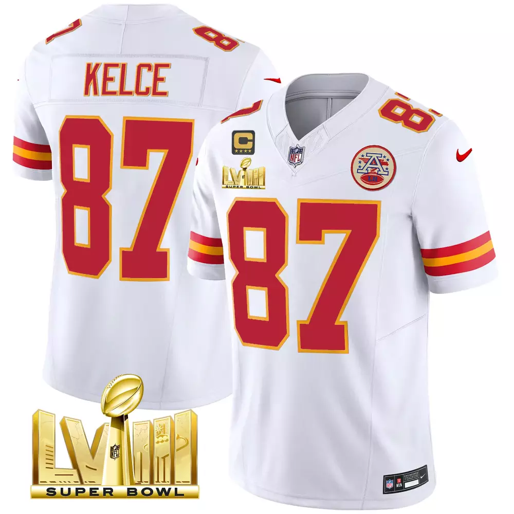 travis kelce white mens kansas city chiefs super bowl lviii back 2 back patch vapor jersey all stitched