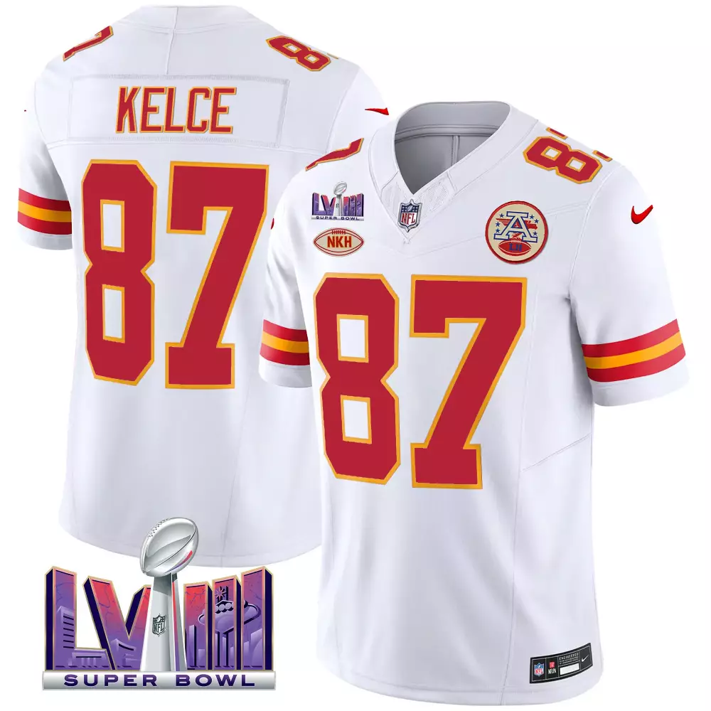 travis kelce white mens kansas city chiefs super bowl lviii patch vapor jersey v2 all stitched