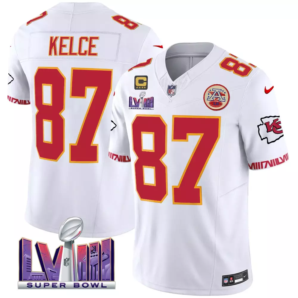 Travis Kelce Kansas City Chiefs Super Bowl LVIII Pattern Vapor Jersey V2 | Stitched White | Limited Edition Fan Gear | For Men, Women & Youth
