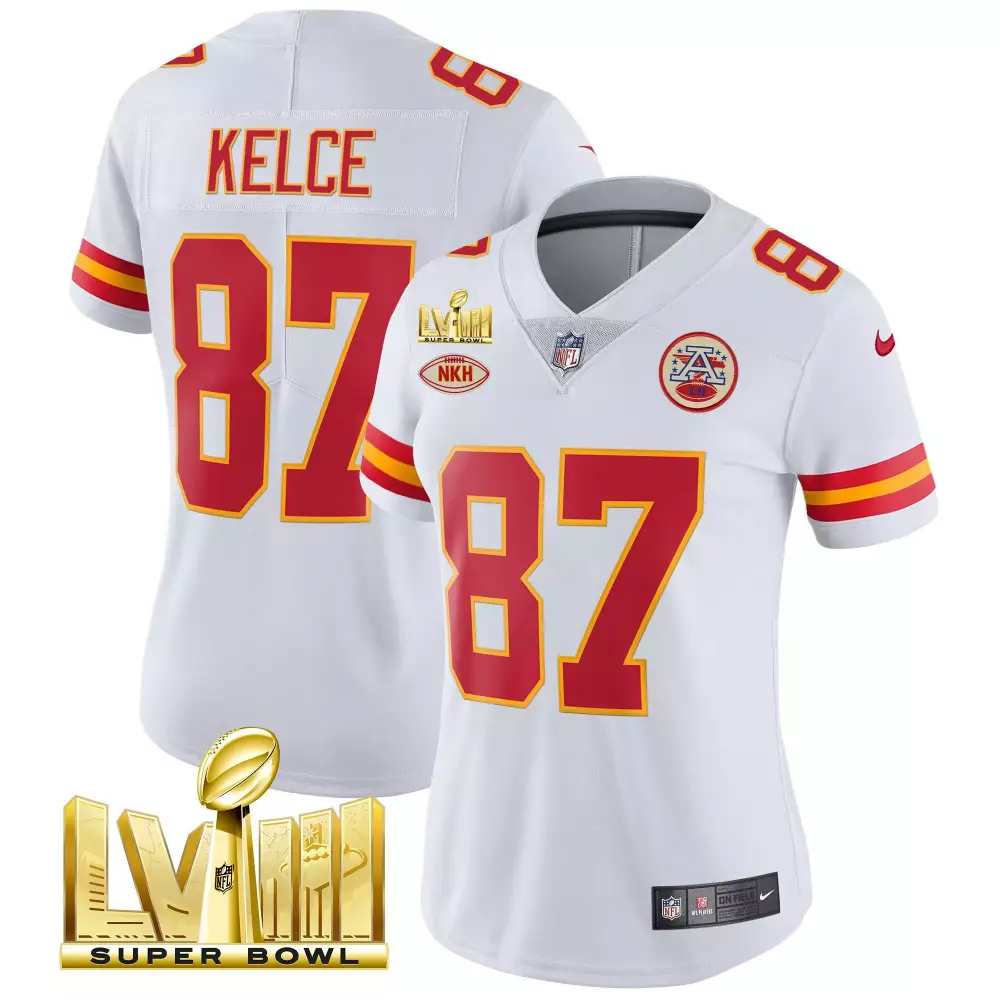 travis kelce white womens kansas city chiefs super bowl lviii gold patch vapor jersey v2 all stitched