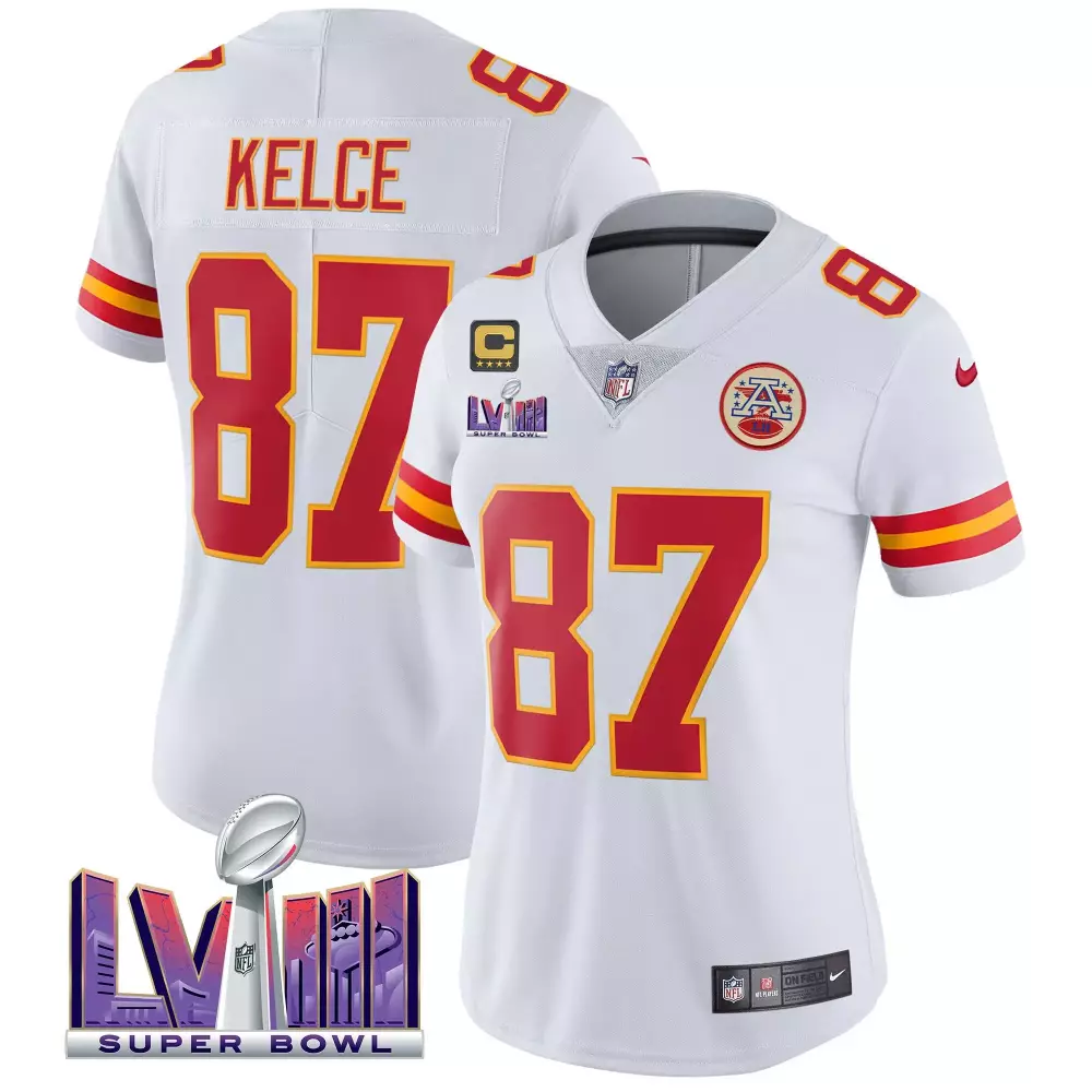 travis kelce white womens kansas city chiefs super bowl lviii gold patch vapor jersey v2 all stitched