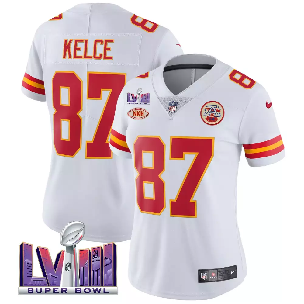 travis kelce white womens kansas city chiefs super bowl lviii gold patch vapor jersey v2 all stitched