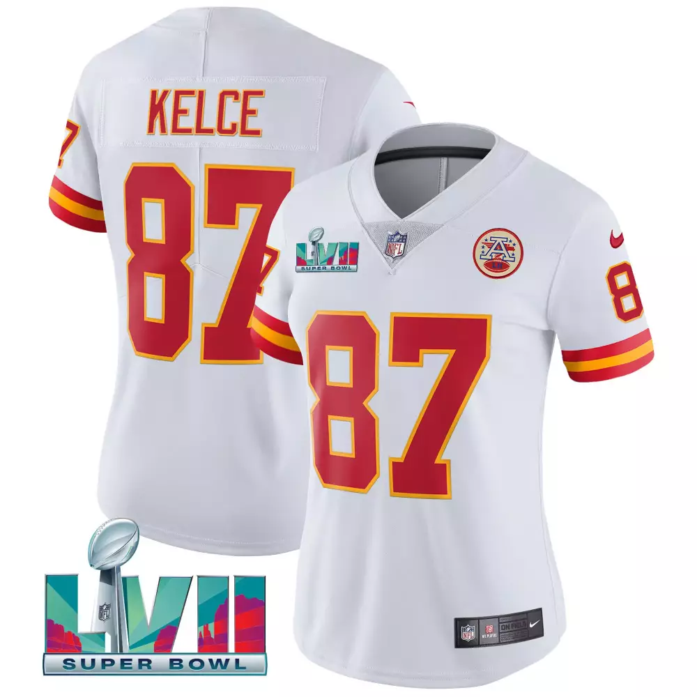 travis kelce white womens kansas city chiefs super bowl lviii gold patch vapor jersey v2 all stitched
