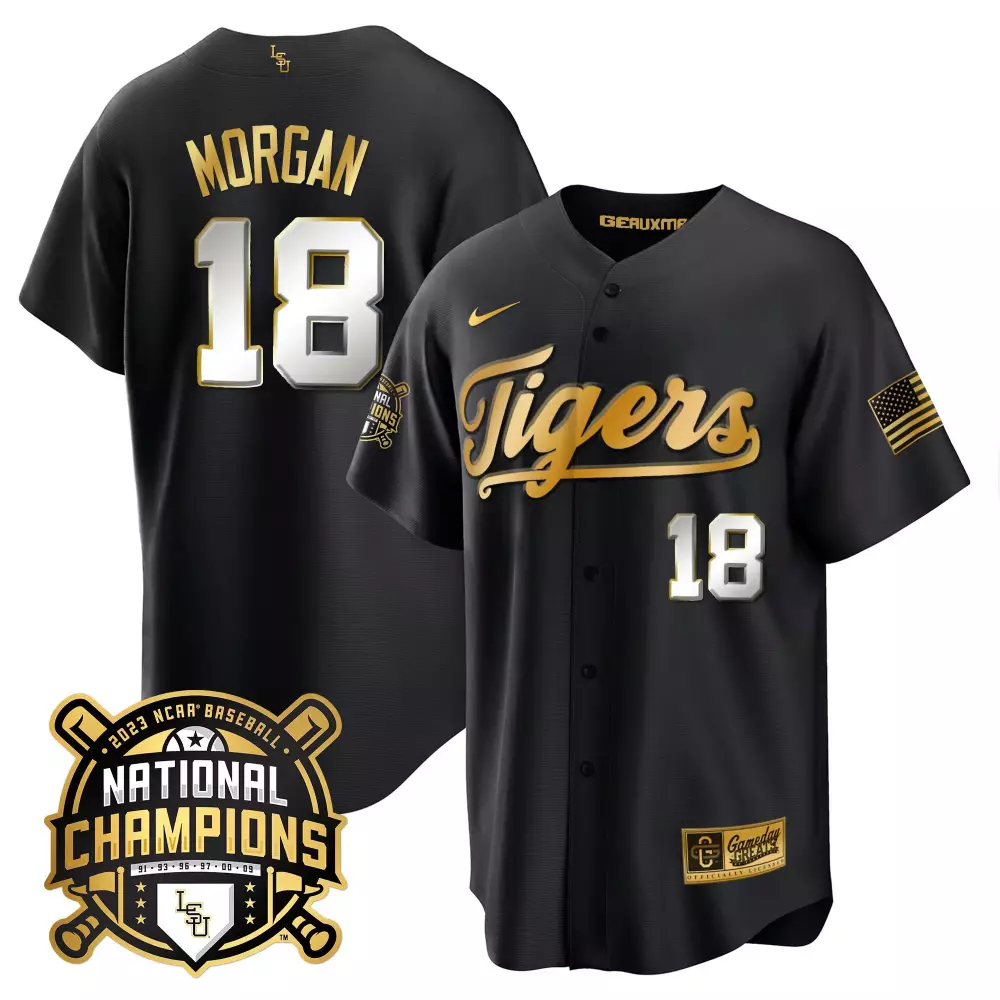 tre morgan black gold youths lsu tigers 2023 national champions gold cool jersey v2 all stitched