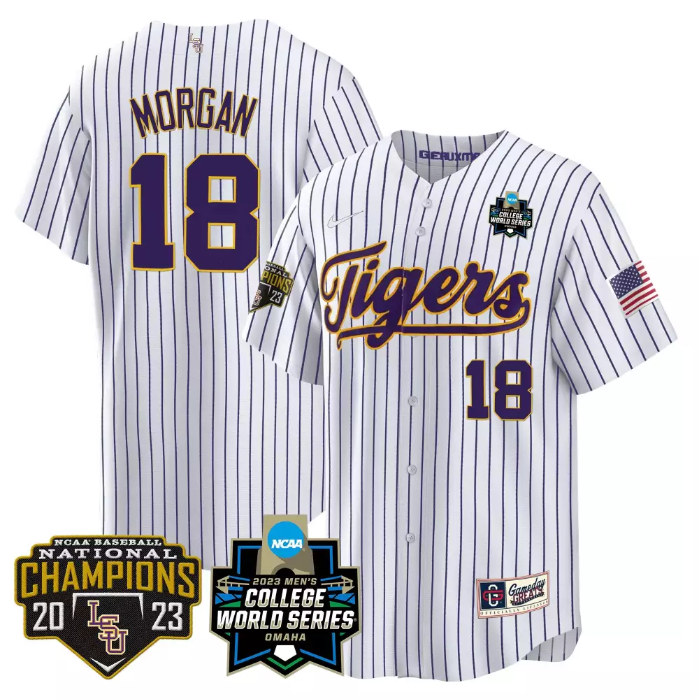 tre morgan pinstripe mens lsu tigers 2023 national champions gold cool jersey v4 all stitched