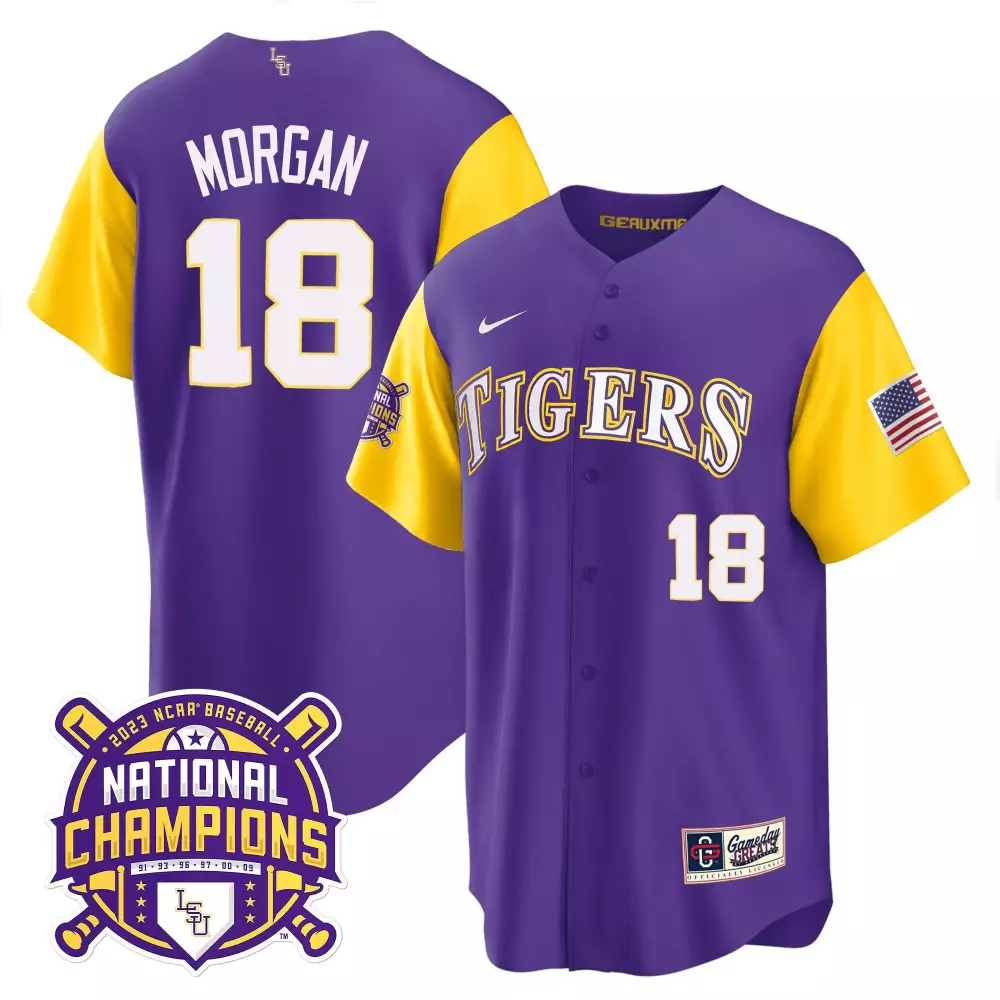 tre morgan purple mens lsu tigers 2023 national champions gold flex jersey all stitched