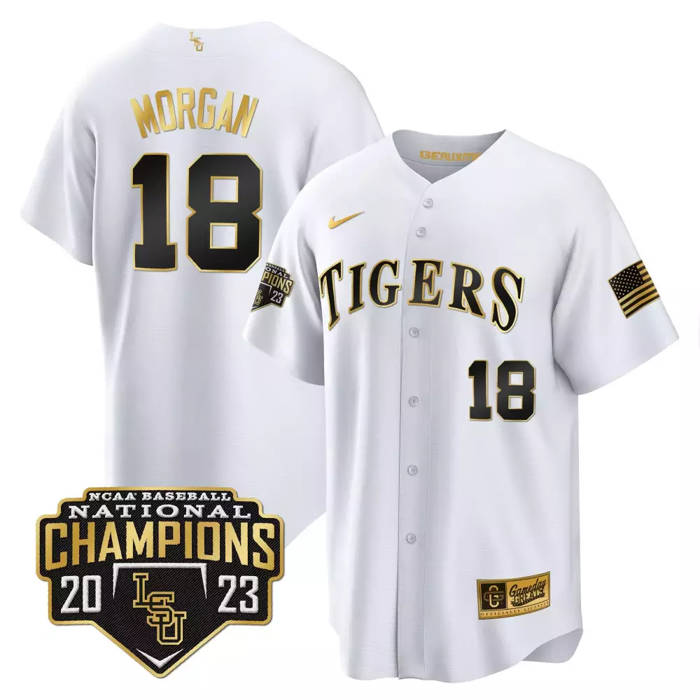 tre morgan white gold mens lsu tigers 2023 national champions gold cool jersey v5 all stitched