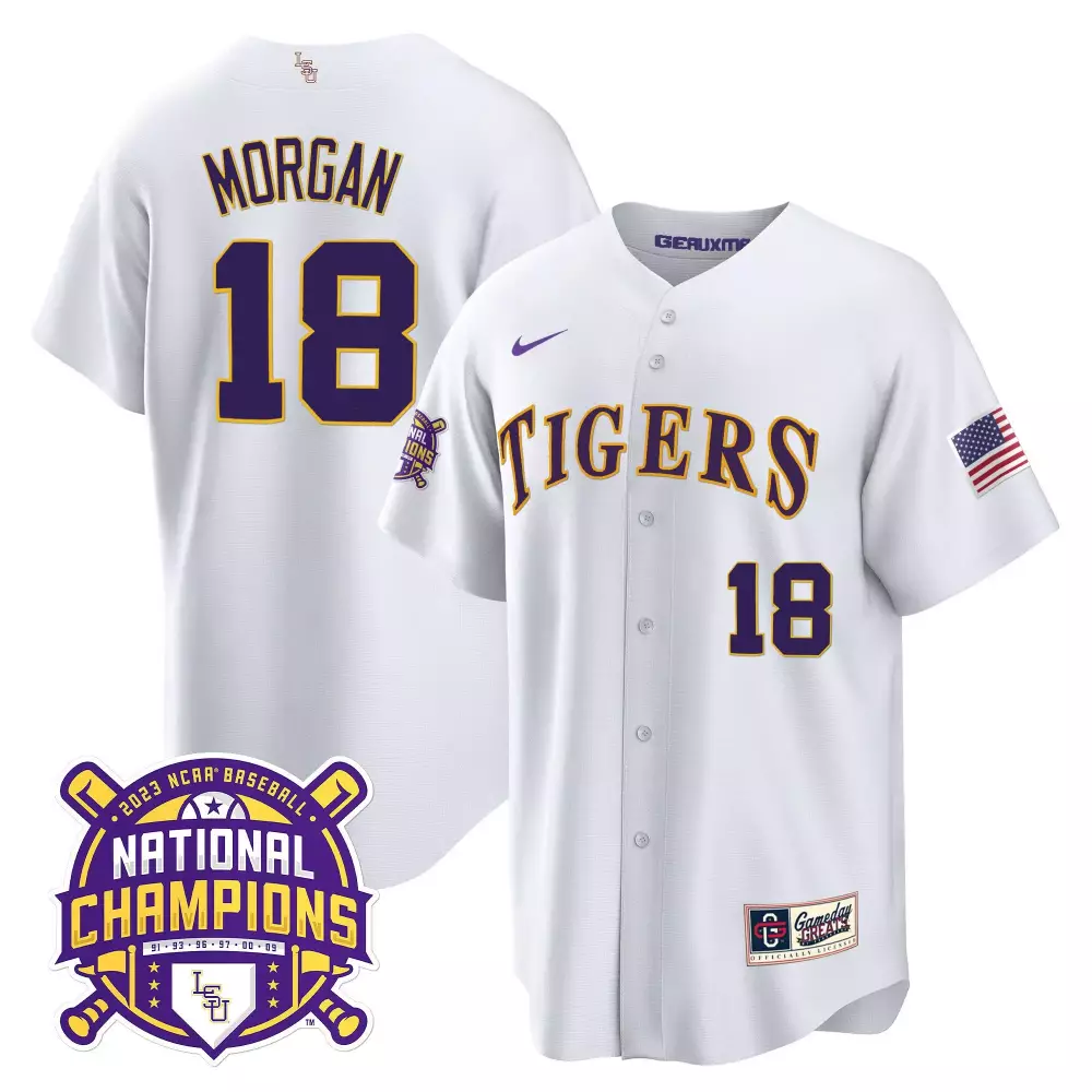 tre morgan white mens lsu tigers 2023 national champions gold cool jersey v2 all stitched