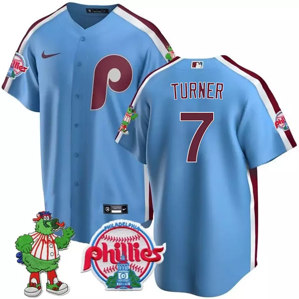 Trea Turner Blue Phillies Phanatic Patch Cool Base Jersey | Limited Edition Stitched Fan Gear | For Men, Women & Youth