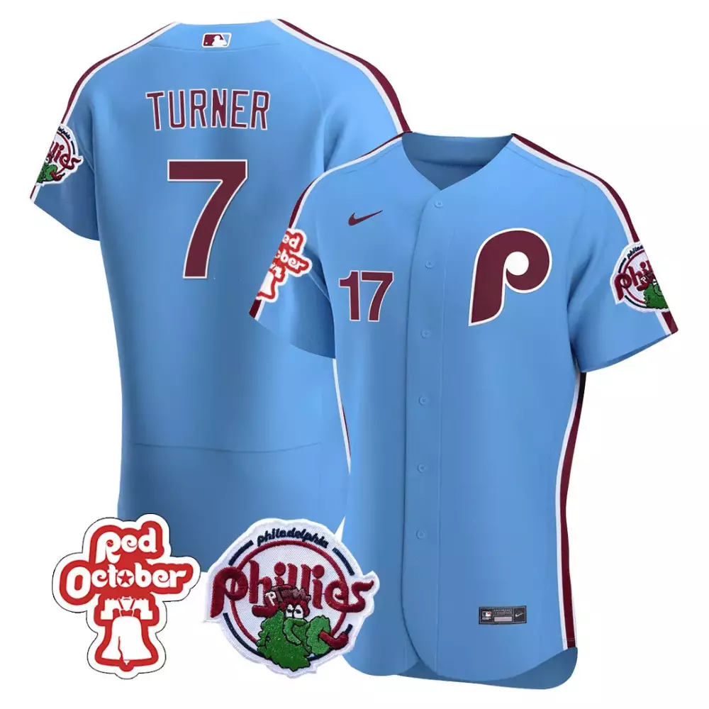 trea turner blue mens philadelphia phillies red october patch flex base jersey all stitched