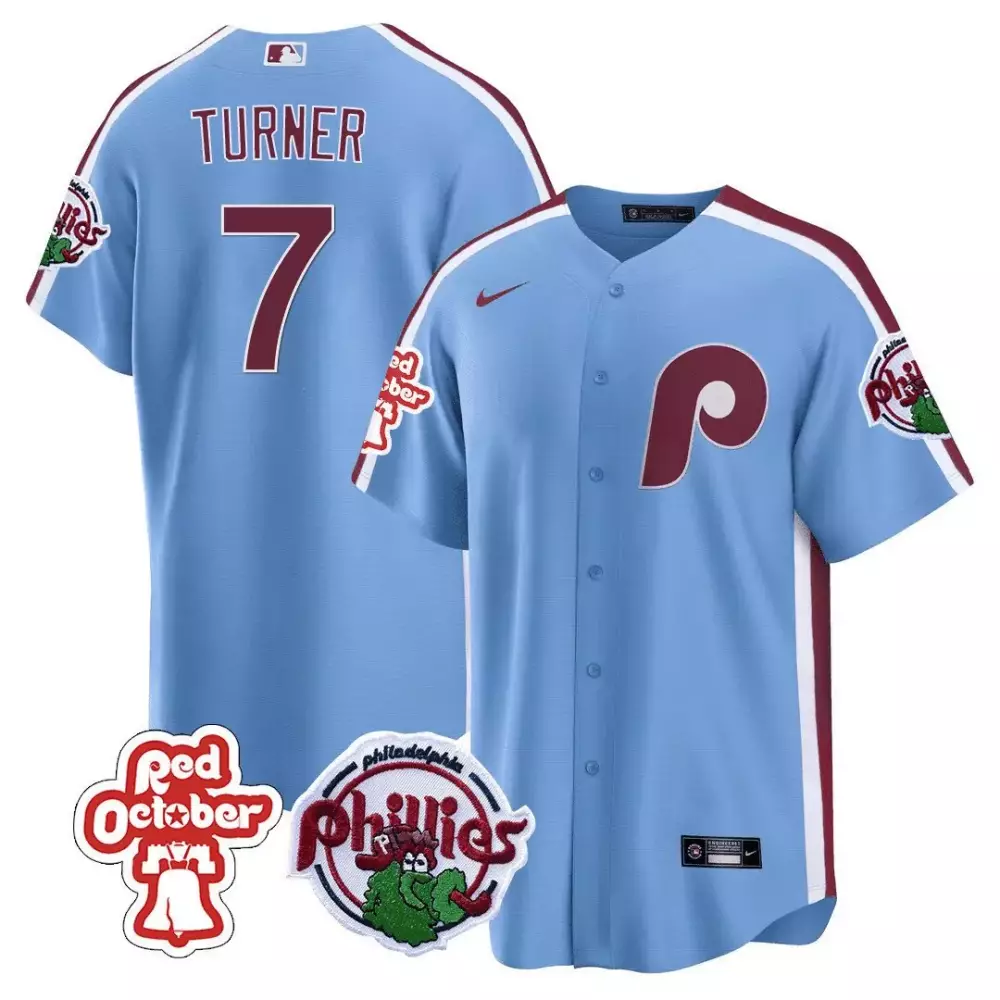 trea turner blue mens philadelphia phillies red october patch flex base jersey all stitched