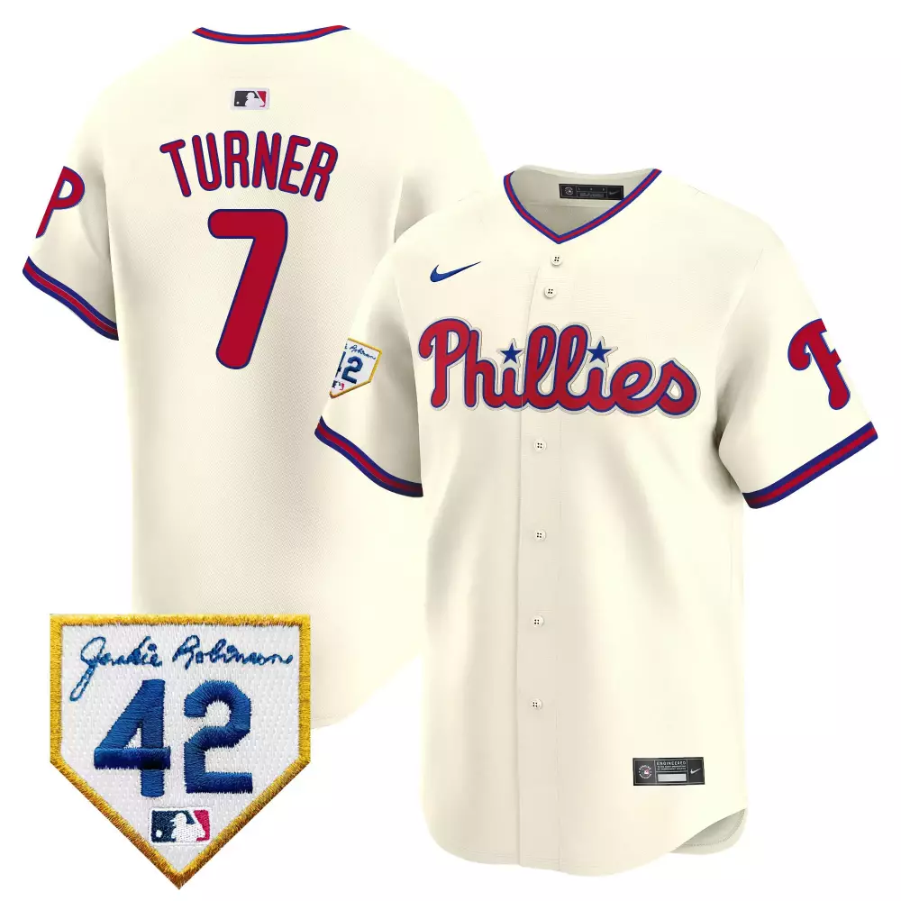 Trea Turner Cream Phillies 2024 Jackie Robinson Patch Vapor Premier Jersey | Limited Edition Stitched Fan Gear | For Men, Women & Youth
