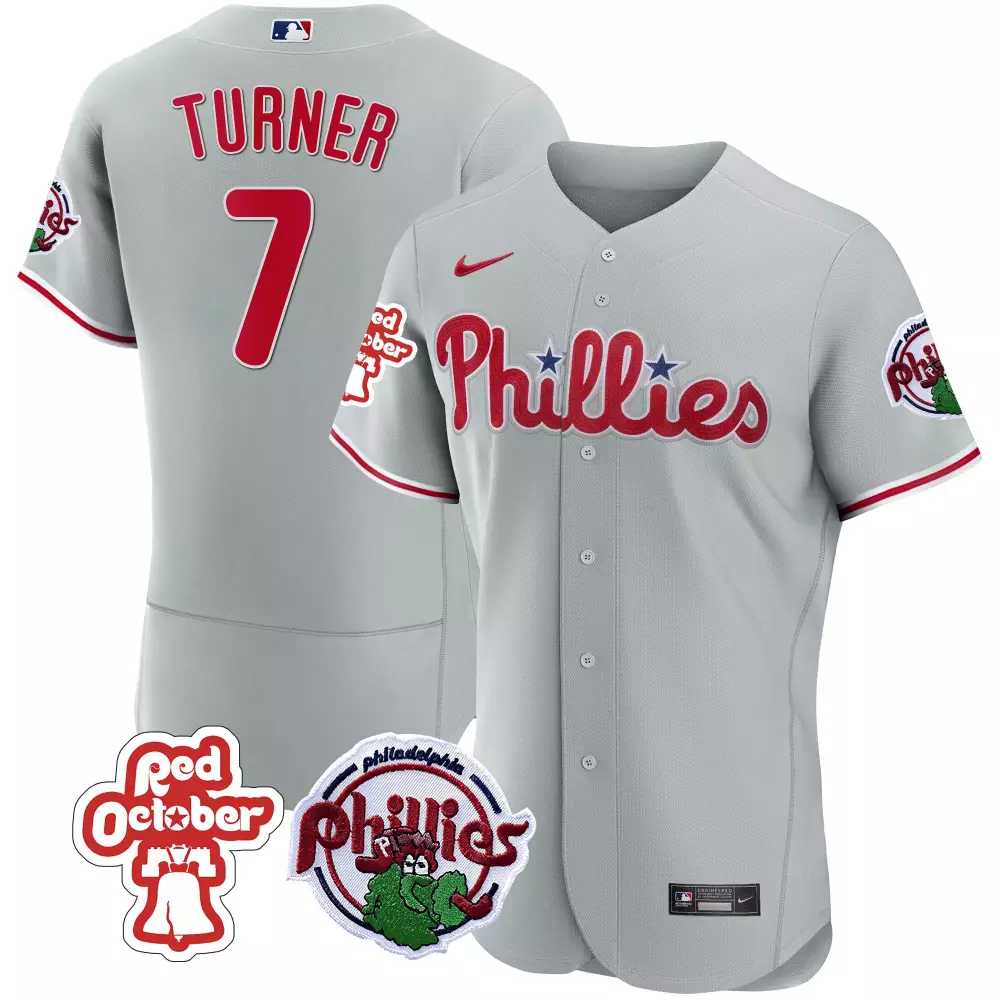 trea turner gray mens philadelphia phillies red october patch cool base jersey all stitched