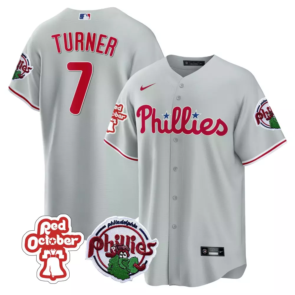 trea turner gray mens philadelphia phillies red october patch cool base jersey all stitched