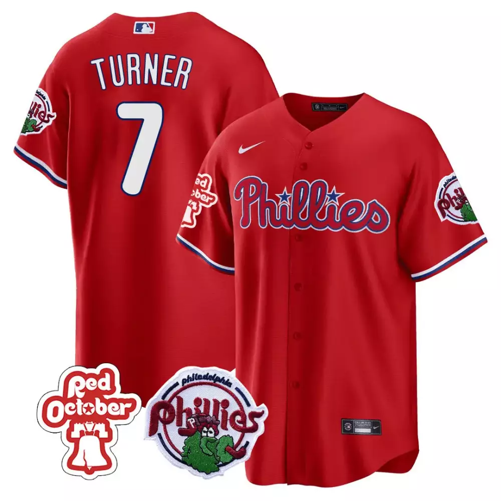 trea turner red mens philadelphia phillies red october patch cool base jersey all stitched