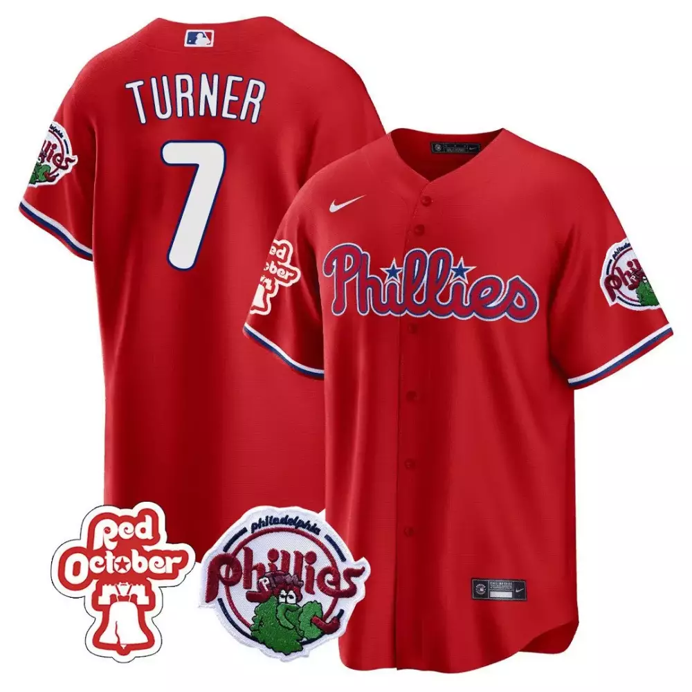 trea turner red mens philadelphia phillies red october patch cool base jersey all stitched