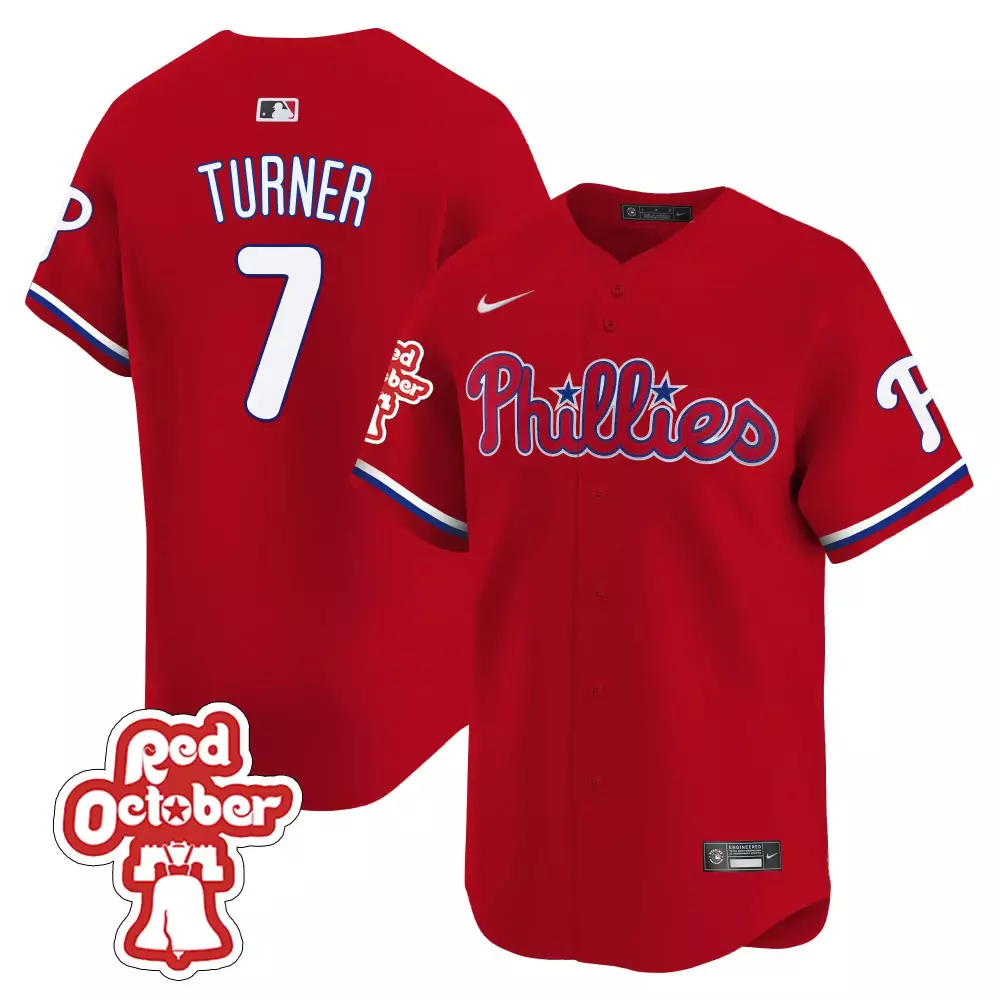 trea turner red mens philadelphia phillies red october patch cool base jersey all stitched