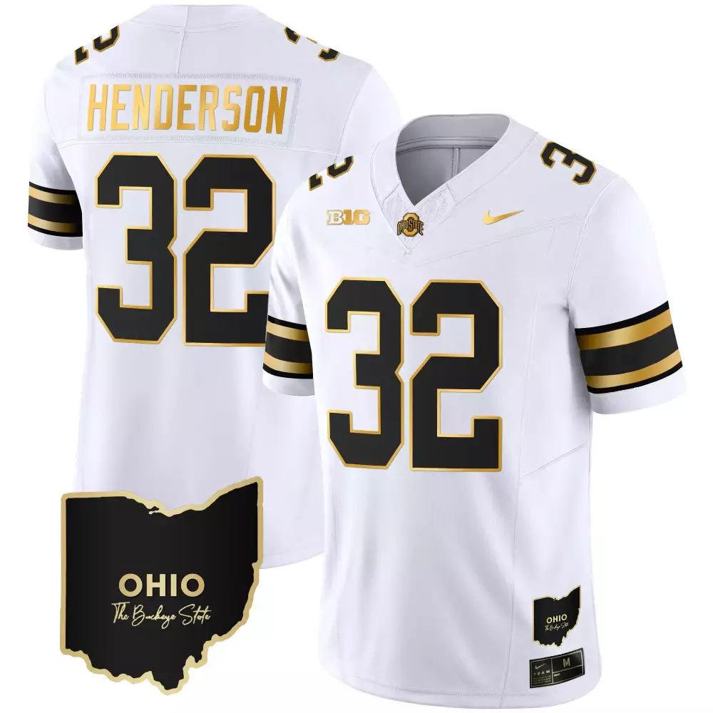 treveyon henderson white gold mens ohio state buckeyes 2023 vapor limited gold jersey ohio patch all stitched