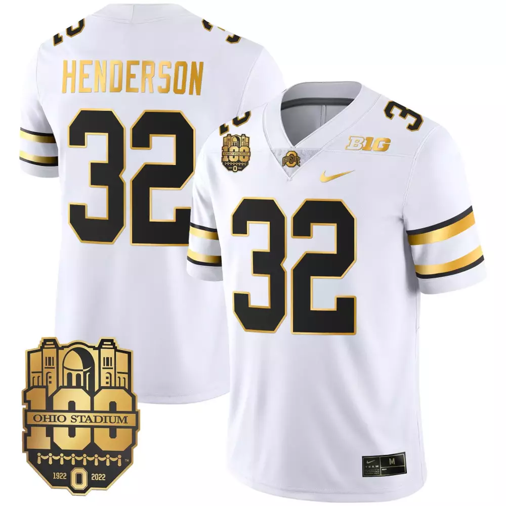 treveyon henderson white gold mens ohio state buckeyes 2023 vapor limited gold jersey ohio patch all stitched