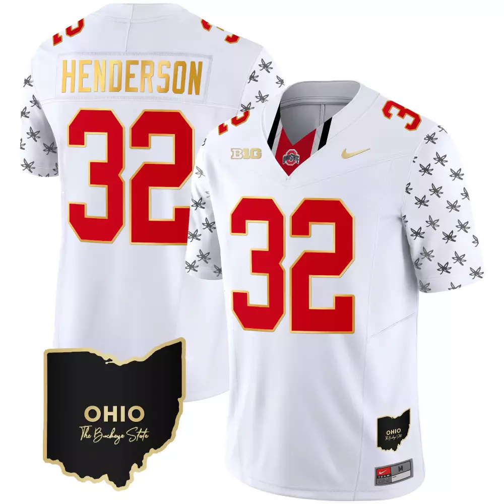 treveyon henderson white gold mens ohio state buckeyes 2023 vapor limited gold jersey ohio patch all stitched
