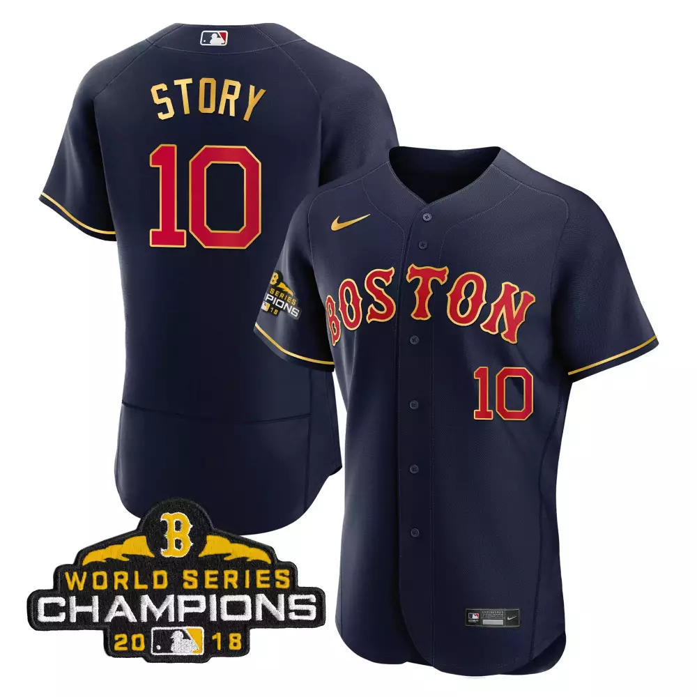 trevor story flex navy men boston red sox world series champion 2018 gold jersey all stitched