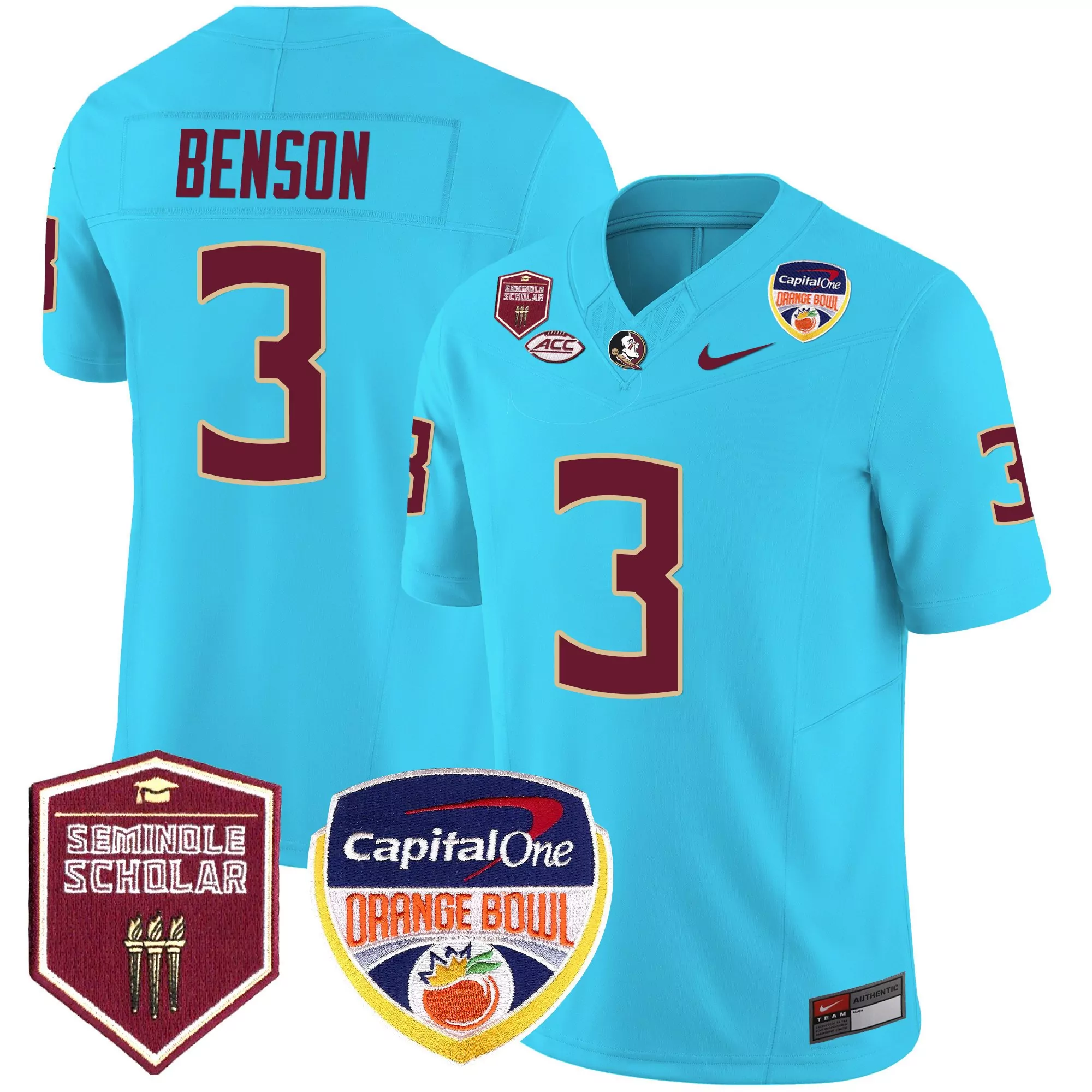 trey benson turquoise mens florida state seminoles orange bowl patch vapor limited jersey all stitched