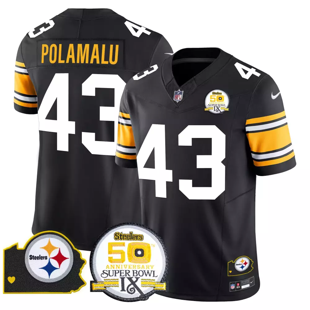 troy polamalu 1975 throwback mens pittsburgh steelers 50th anniversary of super bowl ix map patch vapor limited jersey a