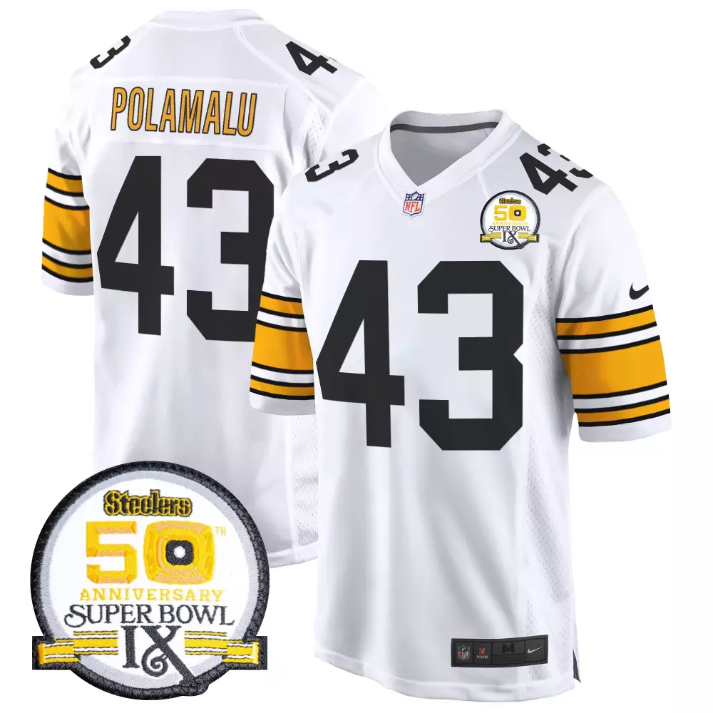 troy polamalu 1975 white mens pittsburgh steelers 50th anniversary of super bowl ix patch game jersey all stitched