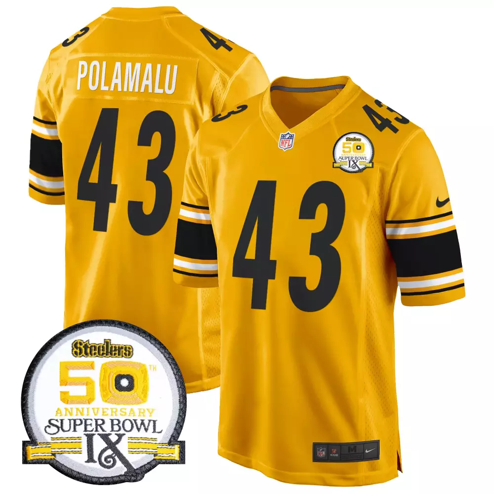 troy polamalu gold mens pittsburgh steelers 50th anniversary of super bowl ix patch game jersey all stitched