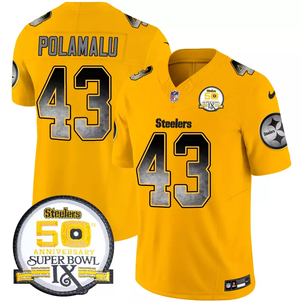 troy polamalu gold mens pittsburgh steelers arch smoke 50th anniversary of super bowl ix patch vapor limited jersey all