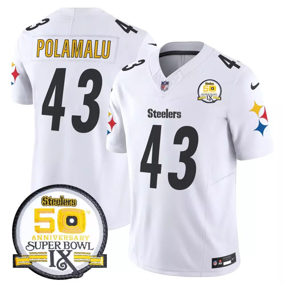 troy polamalu white mens pittsburgh steelers 50th anniversary of super bowl ix patch vapor limited jersey v2 all stitche