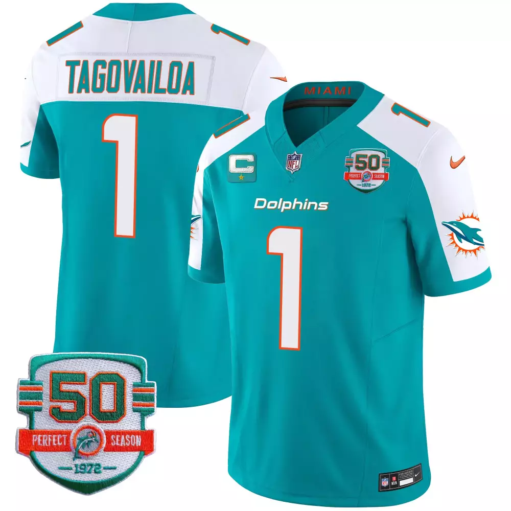 Tua Tagovailoa Aqua Alternate Men's Vapor Jersey | 50th Perfect Season Patch | Miami Dolphins Stitched Fan Gear | For Men, Women & Youth