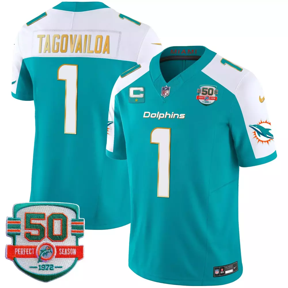 Tua Tagovailoa Aqua Alternate Men's Vapor Jersey | 50th Perfect Season Patch | Miami Dolphins Stitched Fan Gear | For Men, Women & Youth