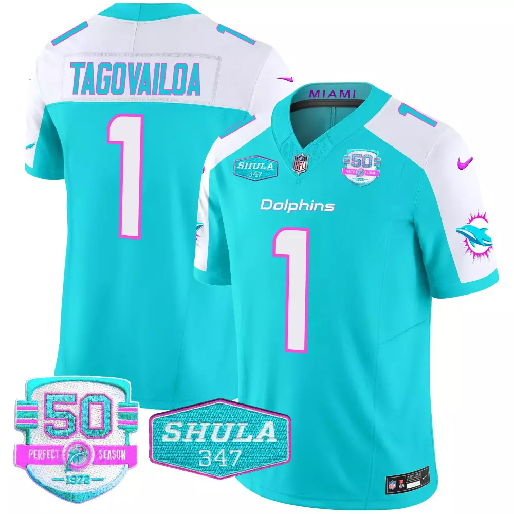 Tua Tagovailoa Aqua Alternate Men's Vapor Jersey | 50th Perfect Season Patch | Miami Dolphins Stitched Fan Gear | For Men, Women & Youth