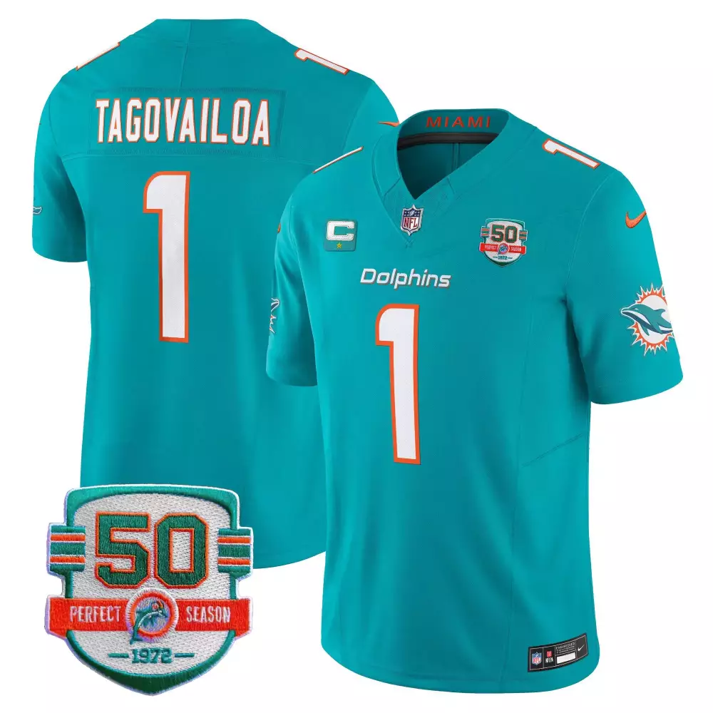 Tua Tagovailoa Aqua Men's Jersey | Miami Dolphins 50th Perfect Season Patch | Stitched Fan Gear | For Men, Women & Youth