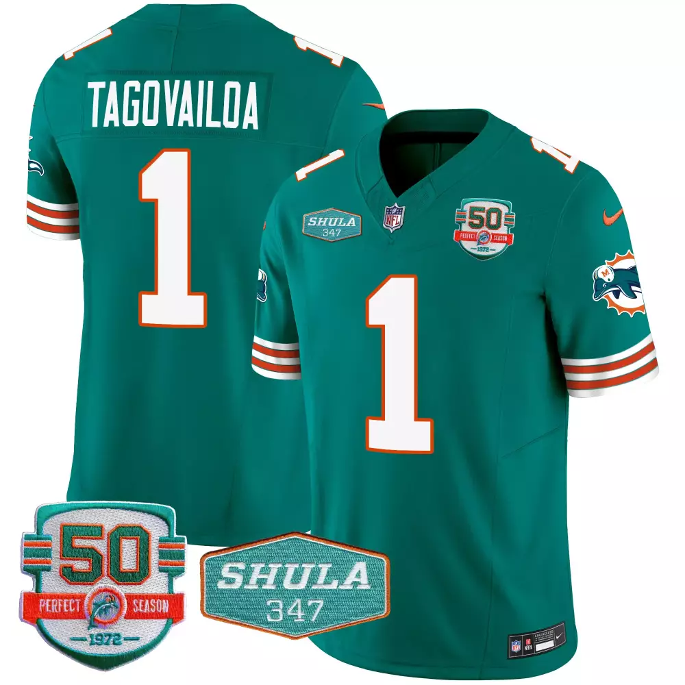 Tua Tagovailoa Aqua Men's Throwback Jersey | Miami Dolphins 50th Perfect Season Patch | Stitched Fan Gear | For Men, Women & Youth
