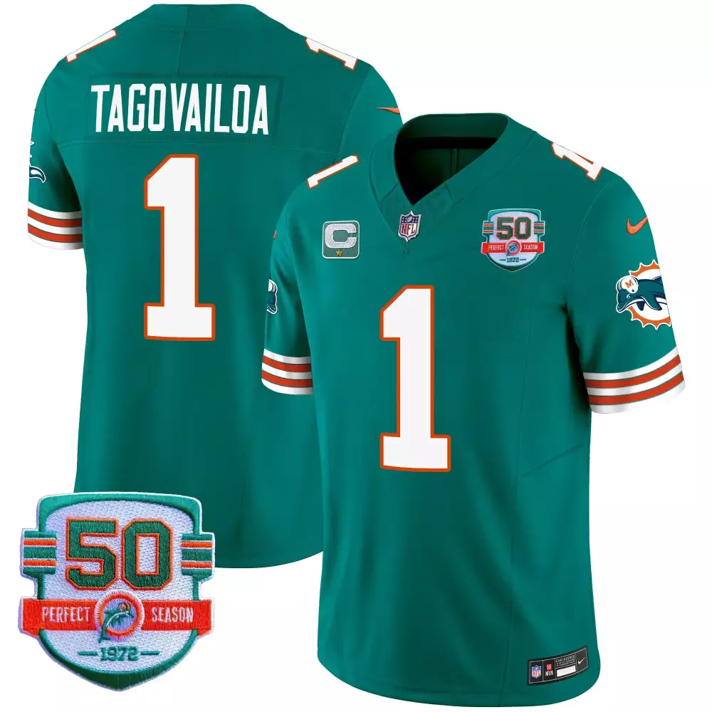 Tua Tagovailoa Aqua Men's Throwback Jersey | Miami Dolphins 50th Perfect Season Patch | Stitched Fan Gear | For Men, Women & Youth