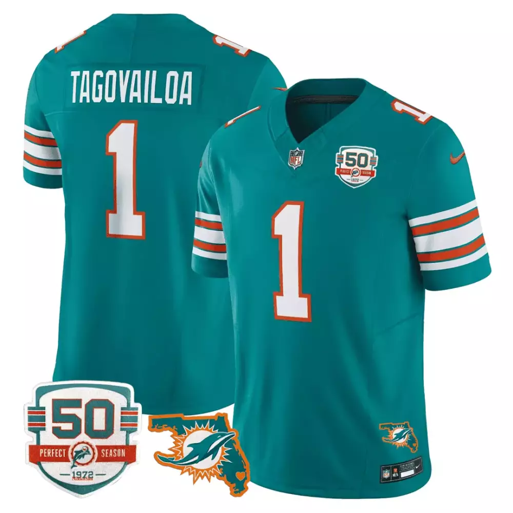 Tua Tagovailoa Aqua Men's Throwback Jersey | Miami Dolphins 50th Perfect Season Patch | Stitched Fan Gear | For Men, Women & Youth