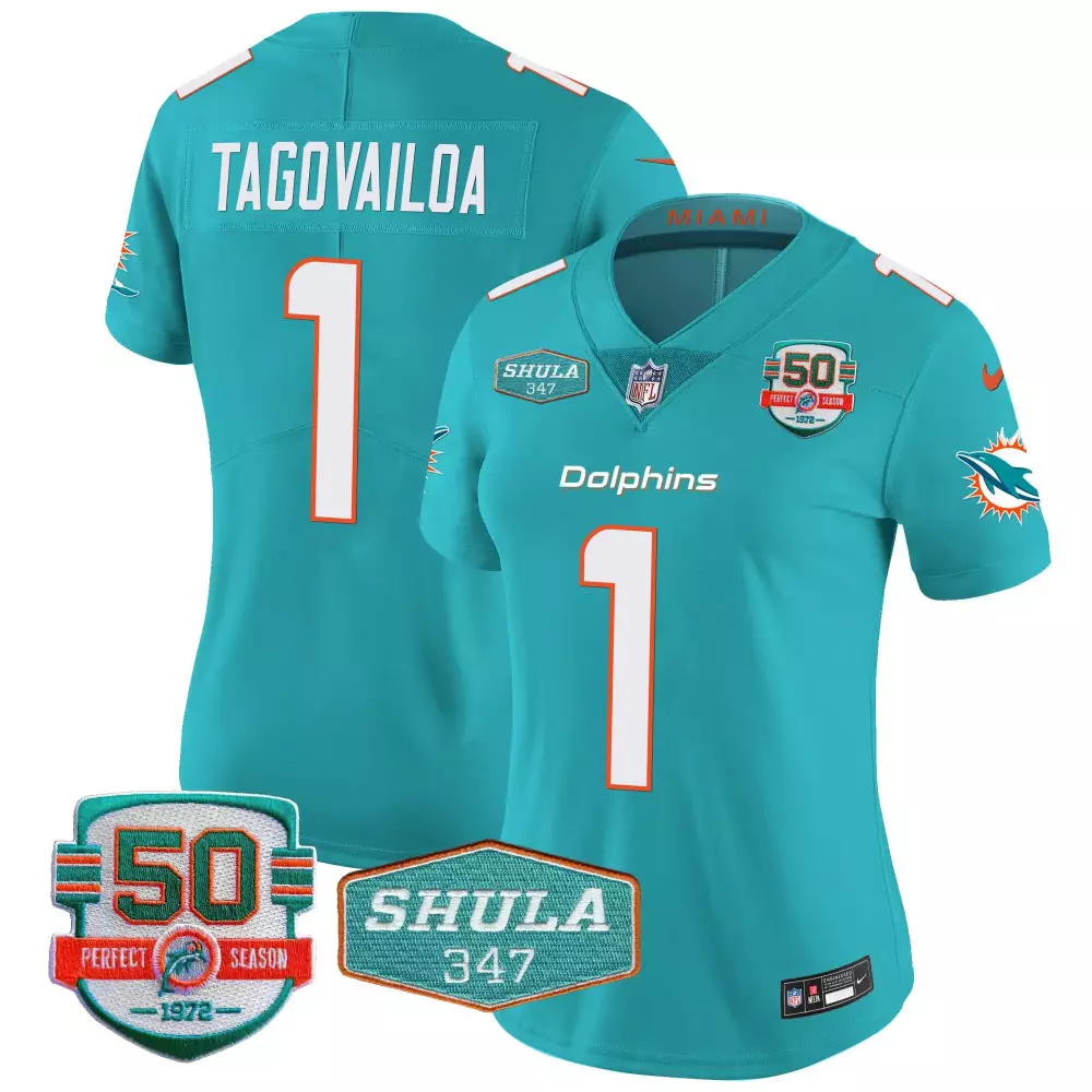 Tua Tagovailoa Aqua Women's Miami Dolphins Shula 347 Patch Vapor Jersey | All Stitched | Limited Edition Fan Gear | For Men, Women & Youth