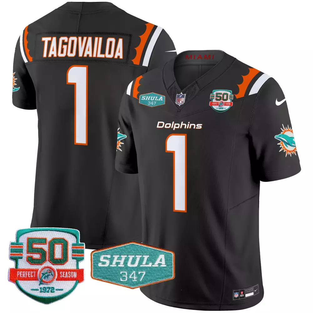 Tua Tagovailoa Black Men's Miami Dolphins 50th Don Shula 347 Memorial Patch Vapor Limited Jersey | All Stitched | Fan Gear for Game Day | For Men, Women & Youth