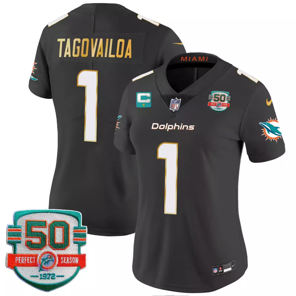 Tua Tagovailoa Black Women's Miami Dolphins Gold Trim Vapor Limited Jersey | All Stitched | Stylish Fan Gear for Game Day | For Men, Women & Youth