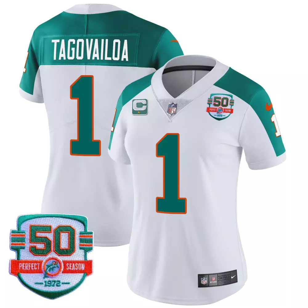 Tua Tagovailoa Miami Dolphins White Women's All Stitched Vapor Jersey | 2022 50th Season | Fan Gear for Men, Women & Youth