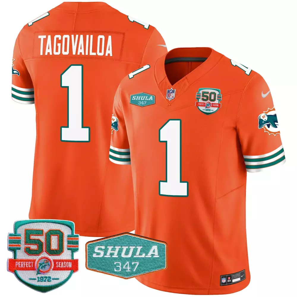 Tua Tagovailoa Miami Dolphins Throwback Shula 347 Patch Jersey | Orange Vapor Style | Stitched Fan Gear for Men, Women & Youth