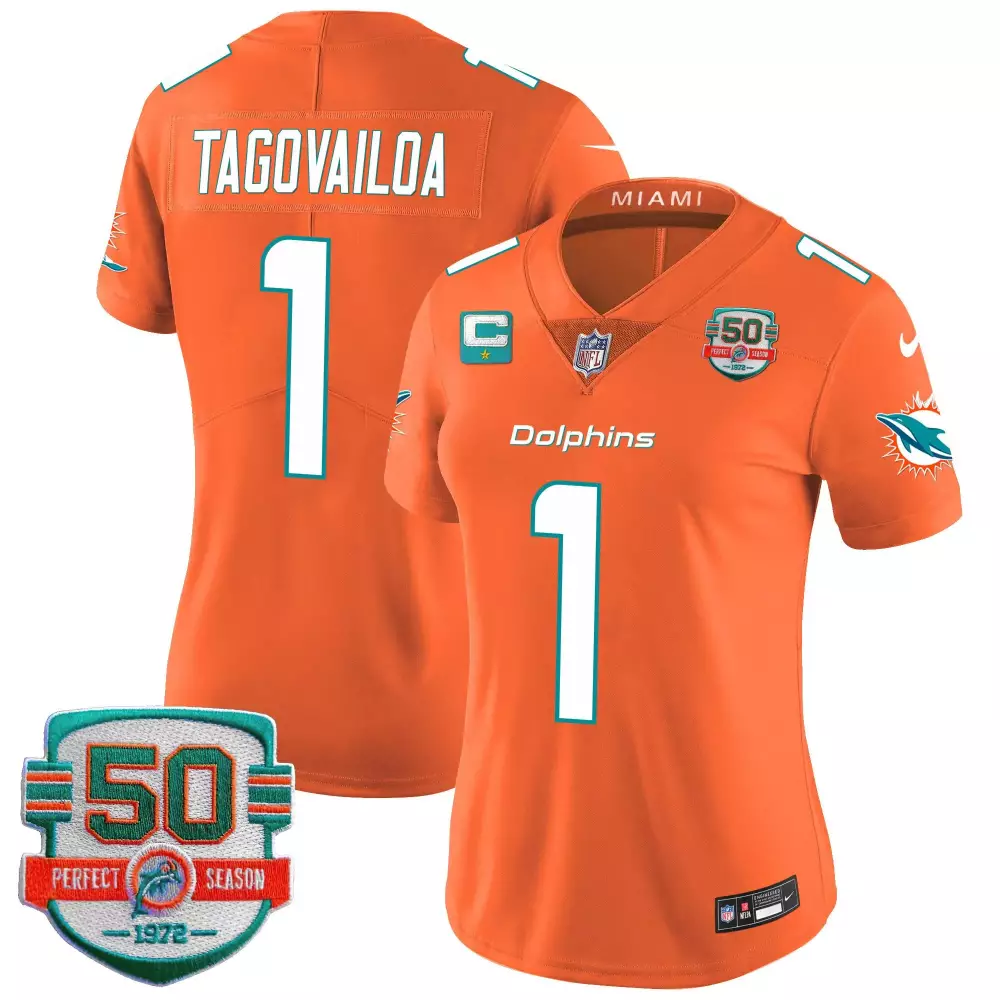 tua tagovailoa orange womens miami dolphins 50th 1972 perfect season patch vapor jersey all stitched