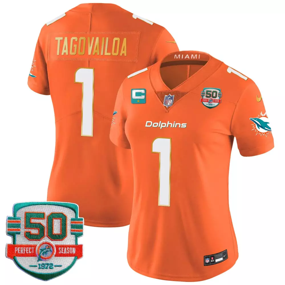 tua tagovailoa orange womens miami dolphins 50th 1972 perfect season patch vapor jersey all stitched