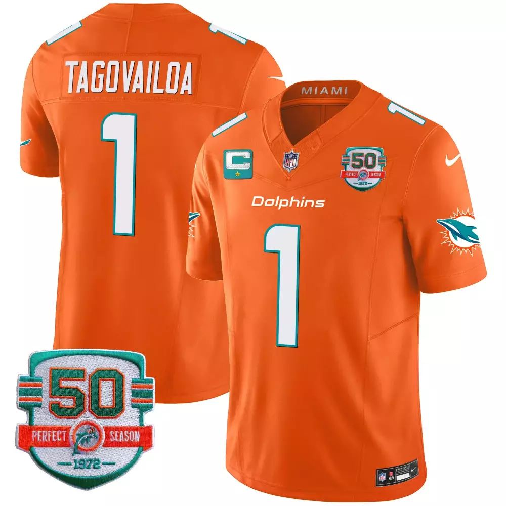 tua tagovailoa orange womens miami dolphins 50th 1972 perfect season patch vapor jersey all stitched